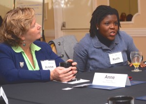 Anne Toner Fung (left) of Hospice of Waterloo Region and Ruth Cameron of ACKWAA (AIDS Committee of Cambridge, Kitchener-Waterloo and Area, take part in a board-governance session March 6.