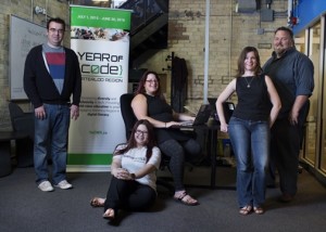 Ben Rittenhouse, Joanna Woo, Terre Chartrand, Stephanie Rozek and David Popplow are the project team members of Year of Code, a year-long initiative that strives to bring digital education and literacy to the public. Photo by Annie Sakkab, The Record
